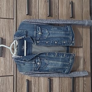 Silver Jeans Blue Denim Jacket with Gray Knit Sleeves